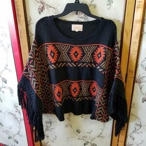 Skies Are Blue Womens S Poncho Western Boho Fringe Festival Retro 70s Knit